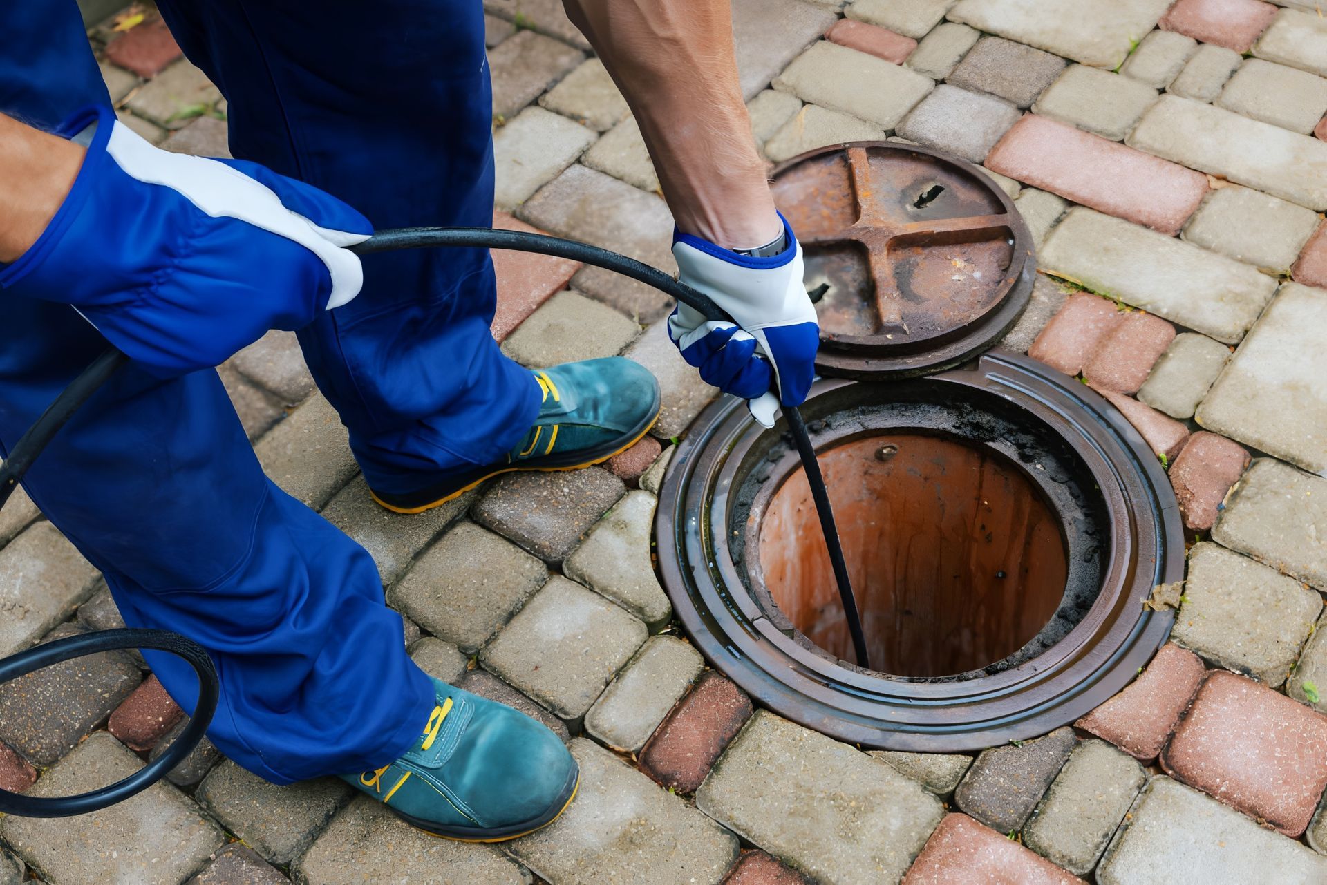 Person in blue work clothes and gloves using a tool to inspect a sewer manhole in a brick-paved area.