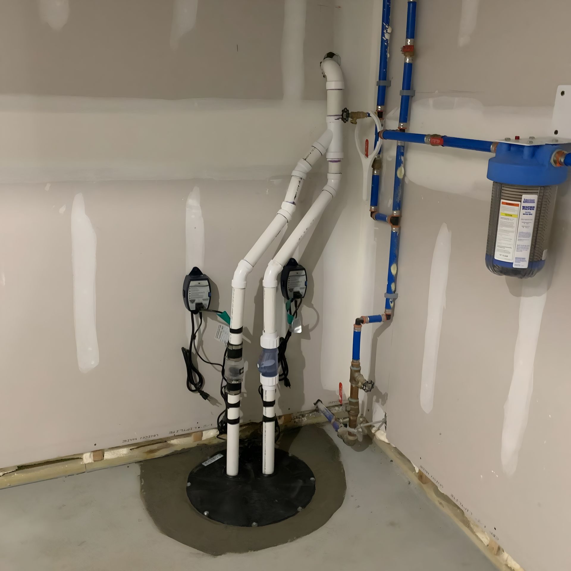 Sump pump system in a basement corner with white pipes, electrical components, and a water filter.