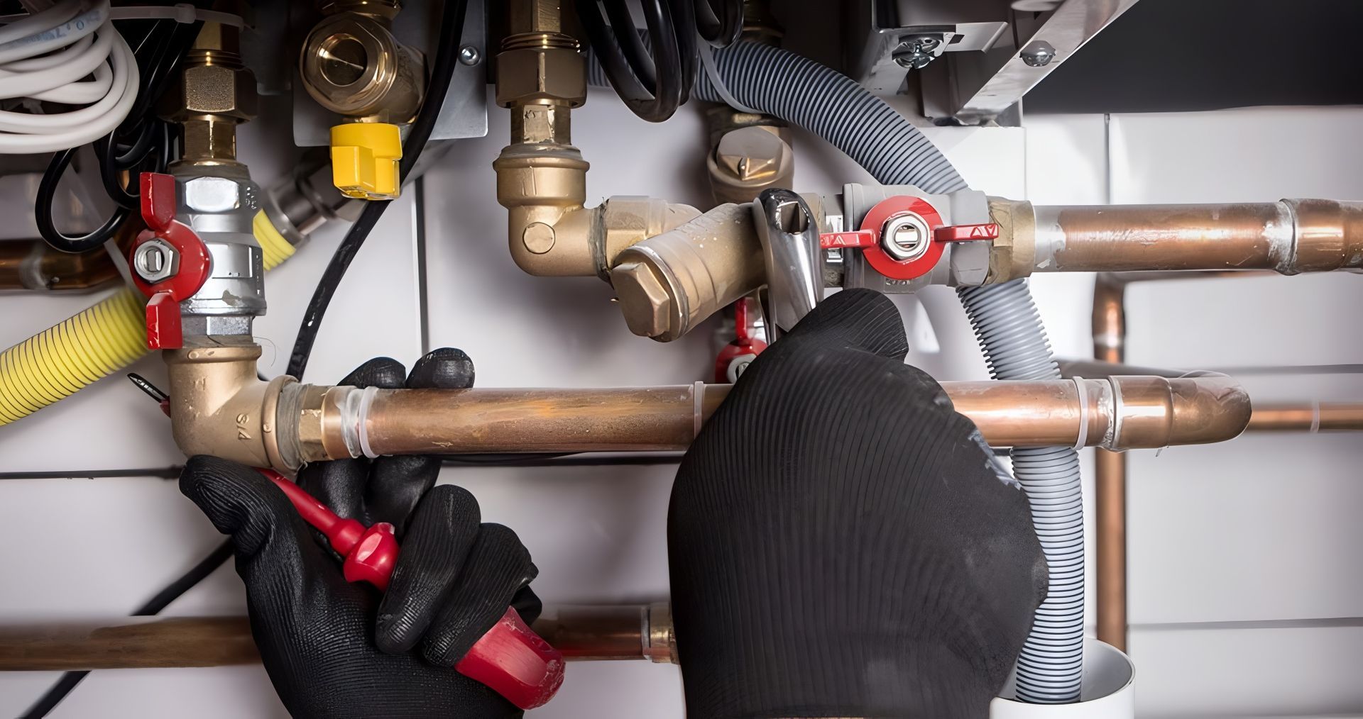 Plumber in black gloves works on copper pipes with red handled tool. Inside a heating system, pipes and valves.