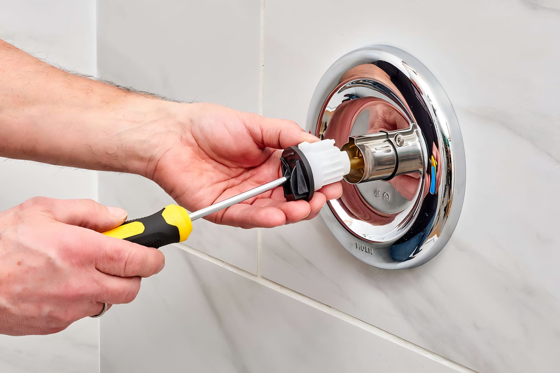 Person using a screwdriver to repair a shower faucet on a tiled wall.