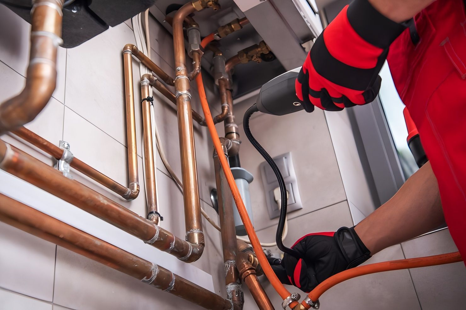 A person in red overalls and gloves works on copper pipes near a wall.