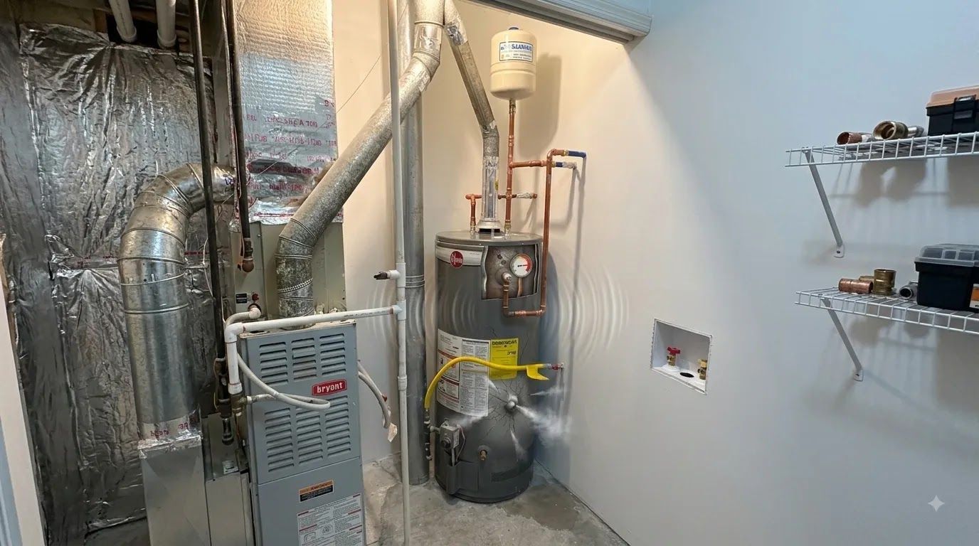 Basement utility room with furnace, water heater, insulated ducting, and metal shelving on the wall
