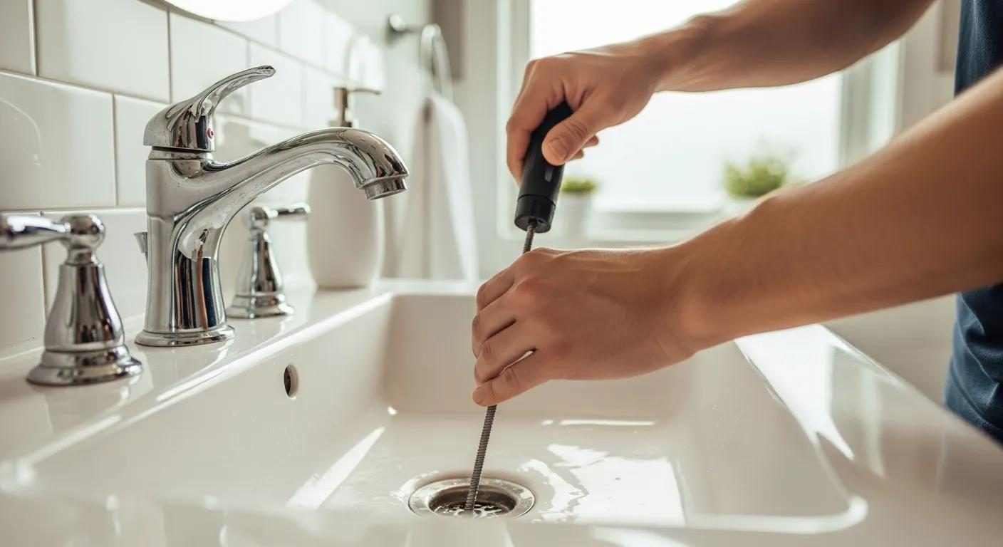 A person uses a handheld plumbing snake tool to clear a clog in a white bathroom sink drain.