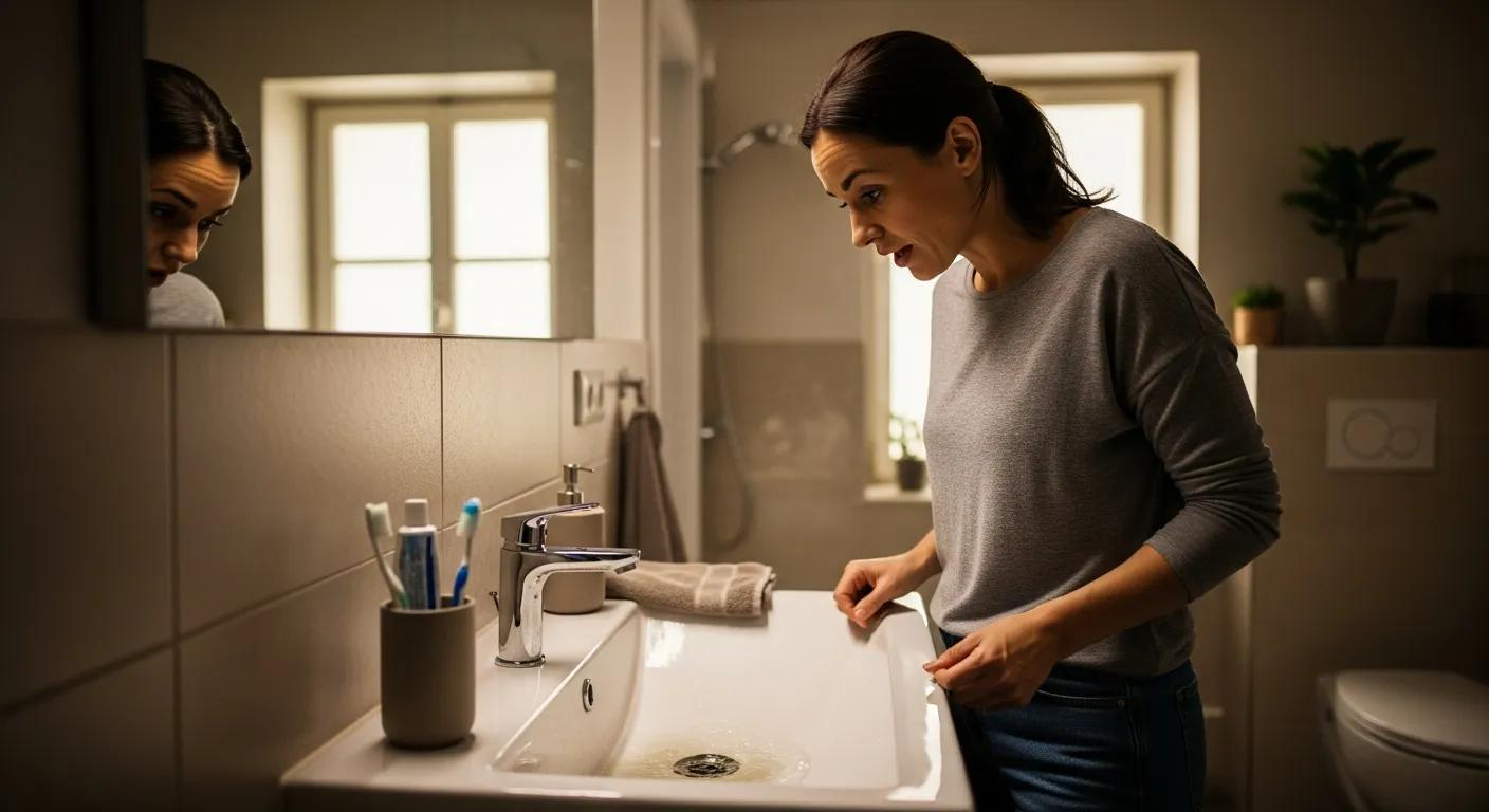 A person in a gray sweater looks concerned while standing in a bathroom, hands resting on the edge of a white sink.