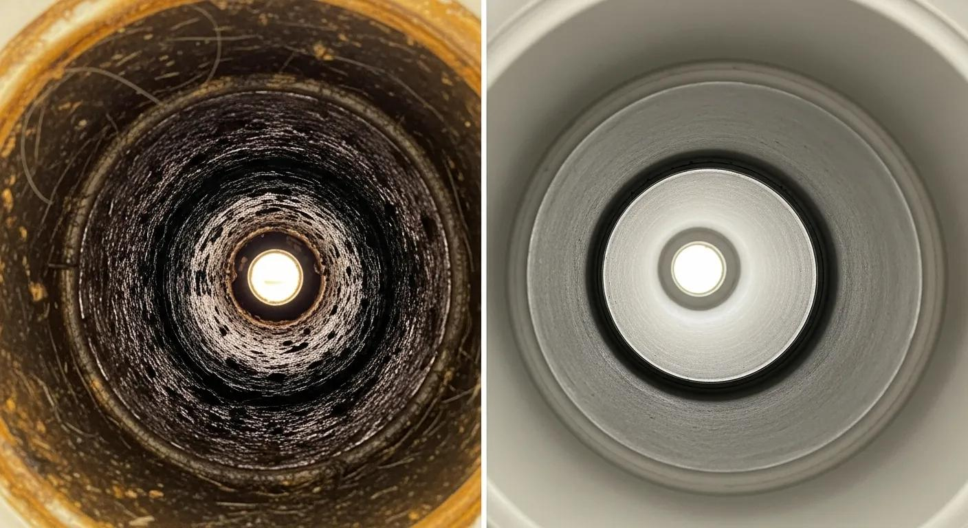 Before and after comparison of a drain: one side is heavily clogged and dark, the other is clean and bright.
