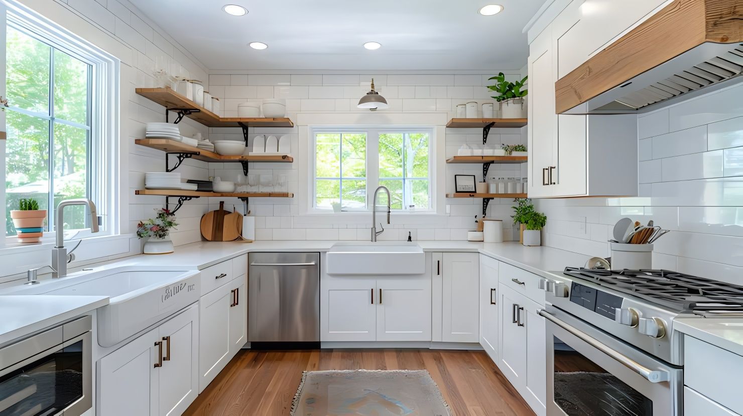 Bright, modern kitchen with white cabinets, open shelving, farmhouse sink, stainless steel appliances, and wood floors.