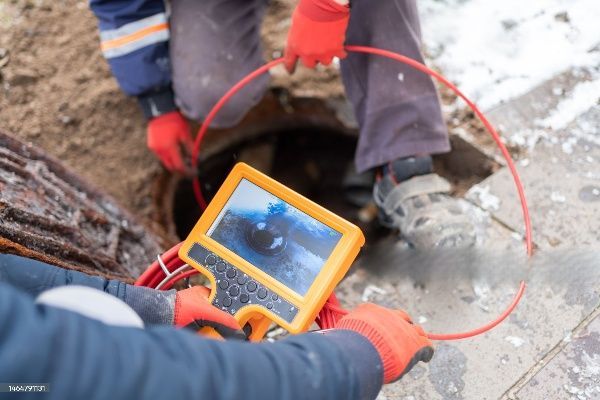 Worker using a handheld inspection camera to look inside a muddy hole at a construction site