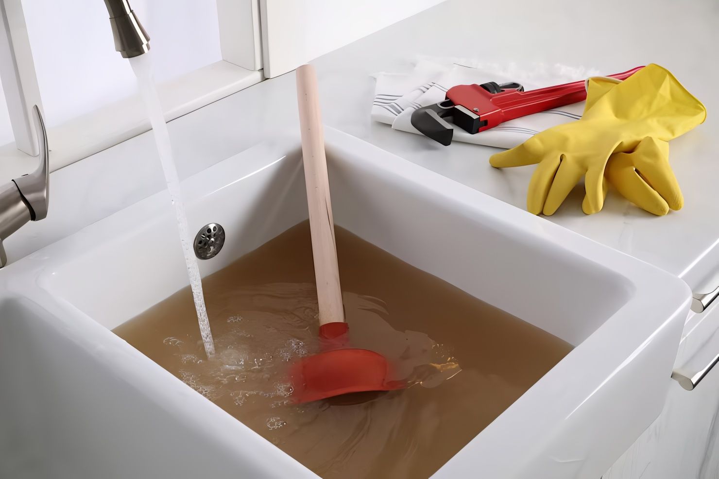 A clogged white kitchen sink with dirty brown water being plunged, with tools and gloves nearby.
