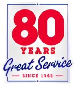 Logo celebrating 80 years of service. Red