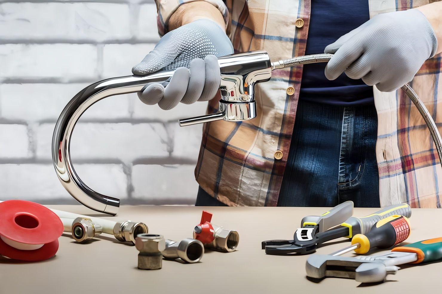 Person holding a chrome pipe fitting above tools on a workbench in a plumbing setting
