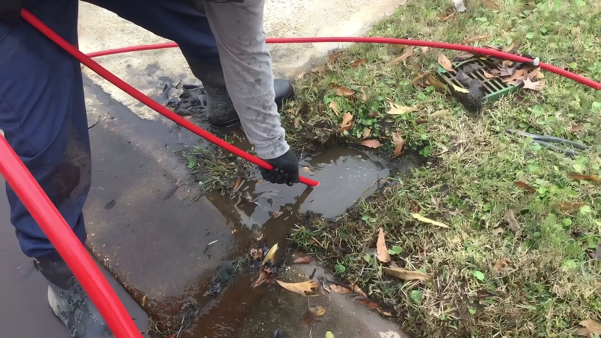 Two people using red tools to clear debris from a gutter beside grass and pavement