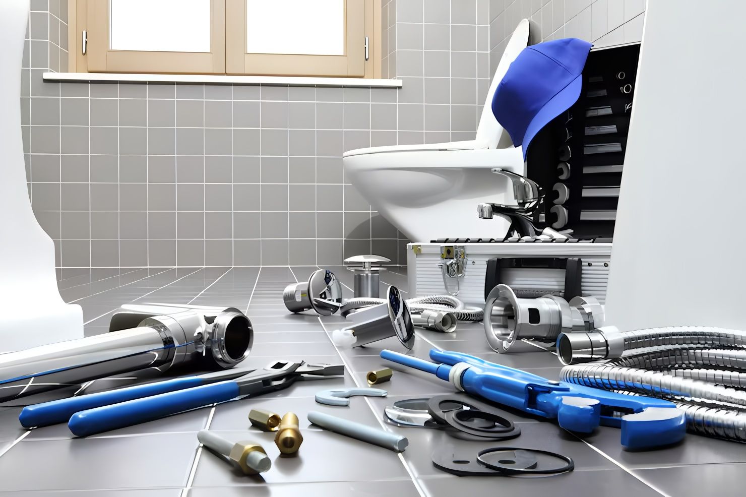 Plumbing tools scattered on a bathroom floor beside a toilet, blue cap resting on the tank.