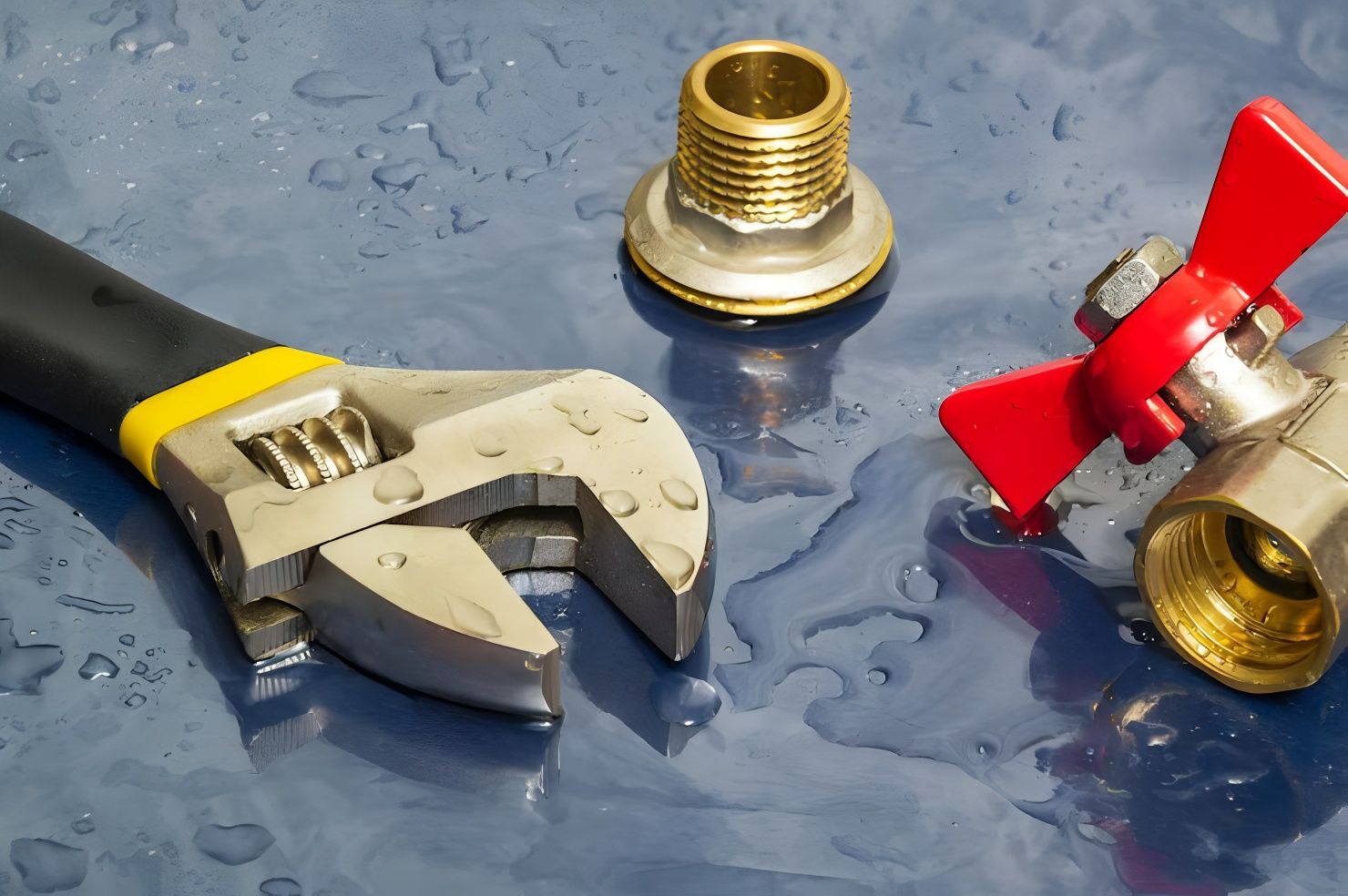Adjustable wrench, pipe fitting, and valve with red handle on a wet, blue surface, suggesting plumbing work.