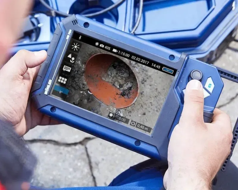 Hands holding a blue handheld inspection camera showing a rusted pipe on its screen.