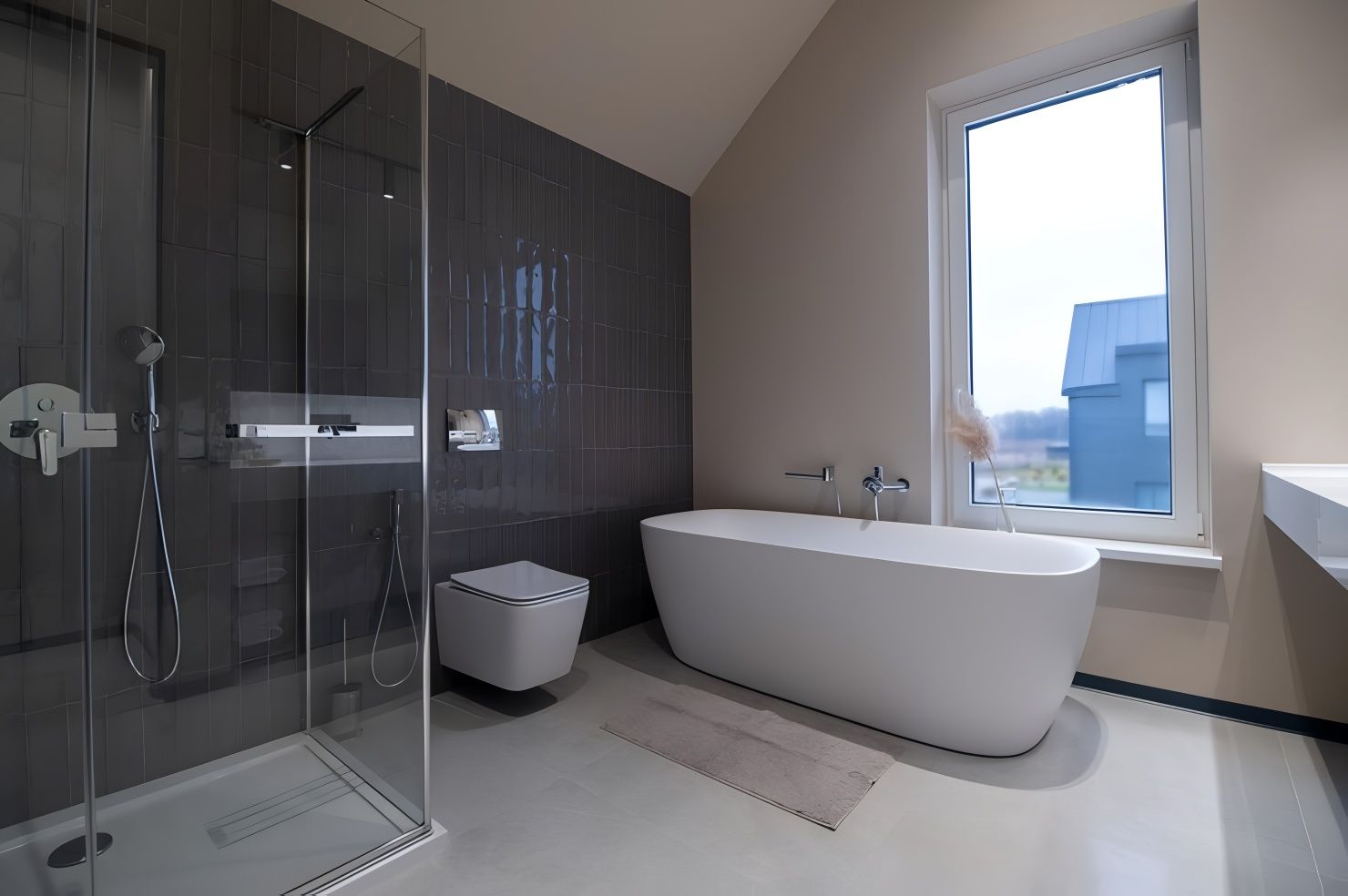 Modern bathroom with a gray-tiled wall, walk-in shower, freestanding tub, and a window overlooking a muted landscape.