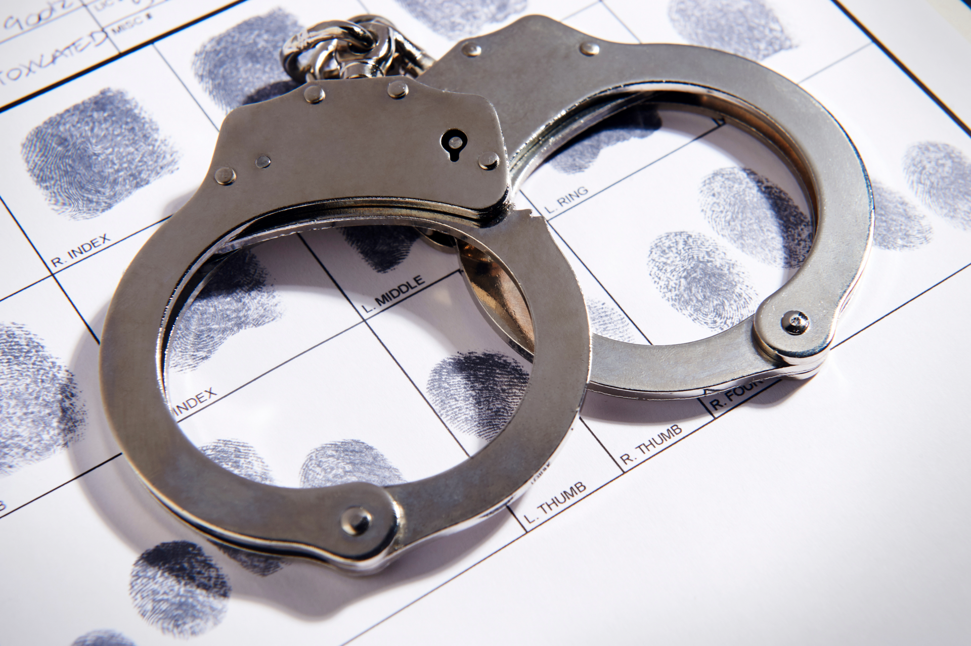 A pair of handcuffs laying on top of a sheet of fingerprints