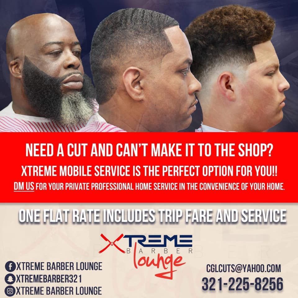 An advertisement for xtreme barber lounge that says one flat rate includes trip fare and service