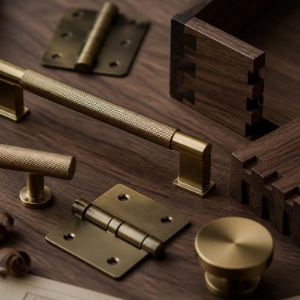 Assorted brass cabinet hardware on a dark wooden surface