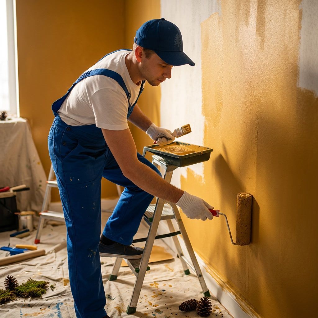 Professional painter applying warm-colored paint to an interior room in Hattiesburg, MS.