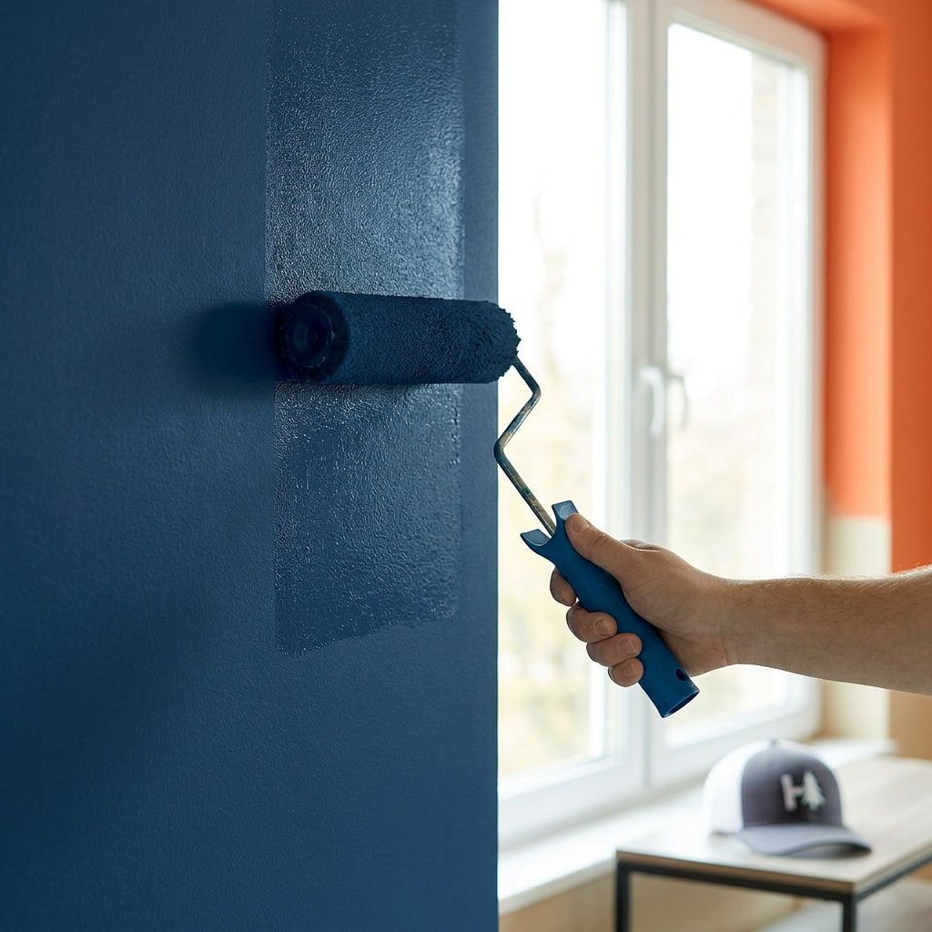 Professional painter creating a blue accent wall in a Hattiesburg, MS home.