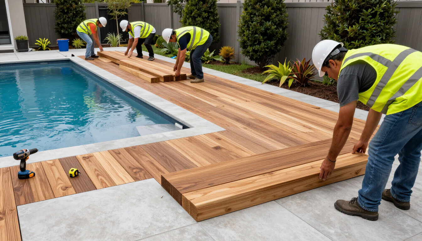 Workers installing a wooden pool deck beside a swimming pool