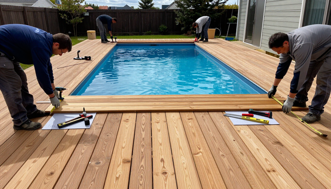 Workers installing a wooden deck around a backyard swimming pool