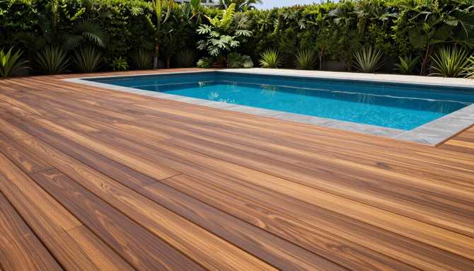 Wooden pool deck beside a turquoise swimming pool, bordered by lush green plants.