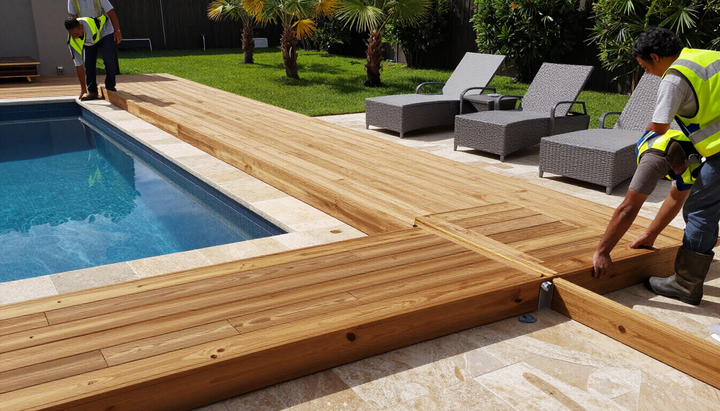 Workers installing wooden decking beside a swimming pool and lounge chairs