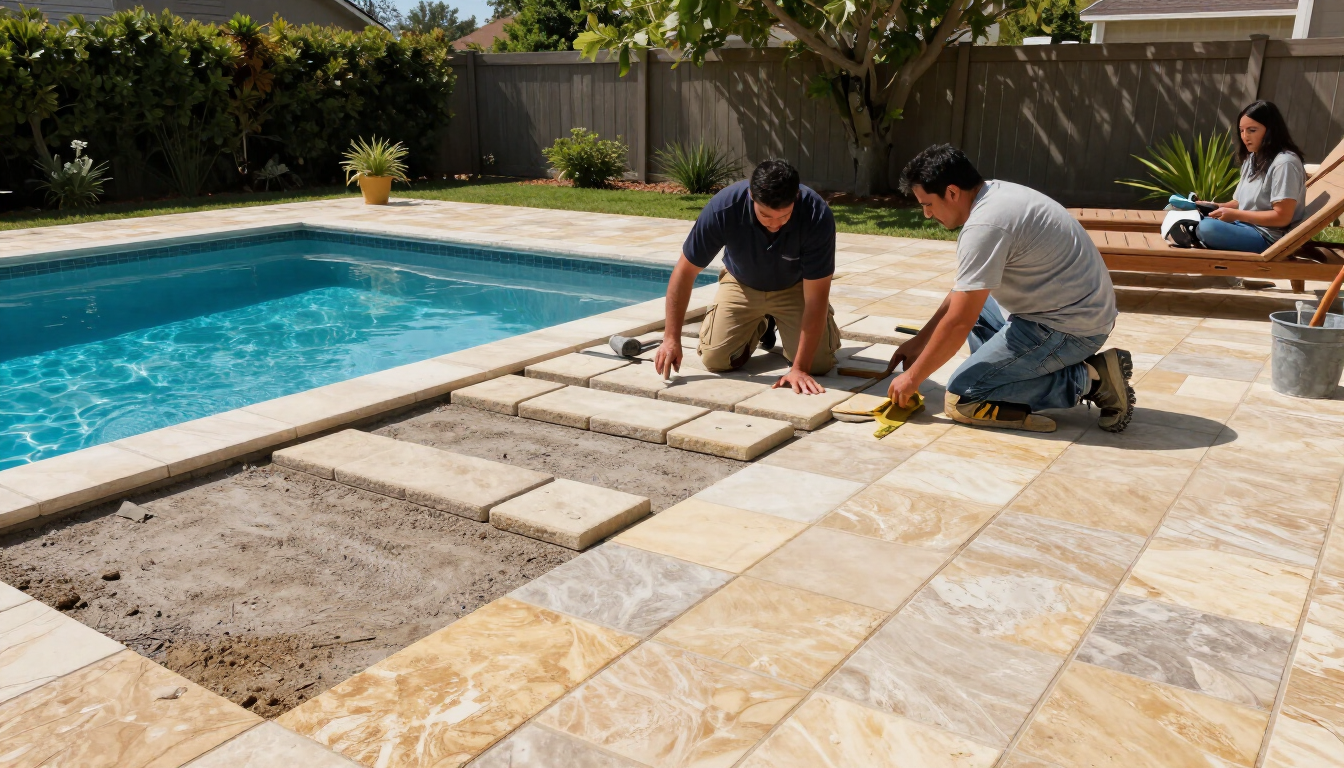 Two workers laying stone pavers beside a backyard swimming pool.