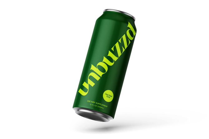 A green can of unbuzzd soda is floating in the air.