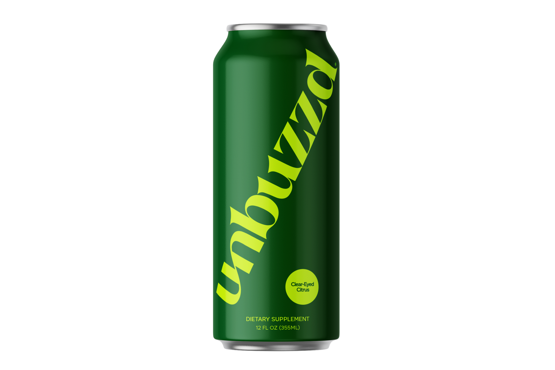 A green can of unbuzzd is on a white background.