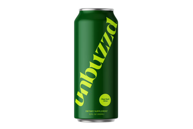 A green can of unbuzzd is on a white background.