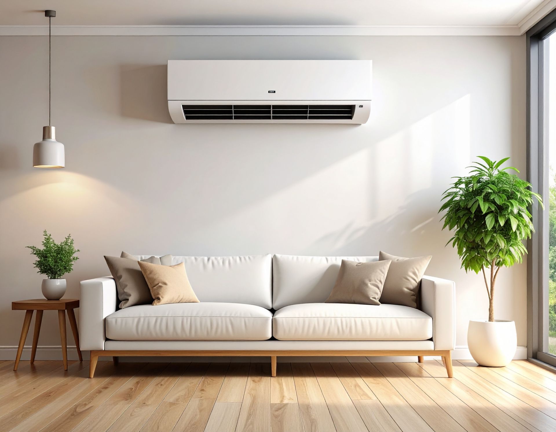 Modern living room with white sofa, air conditioner, plants, and hardwood floors.