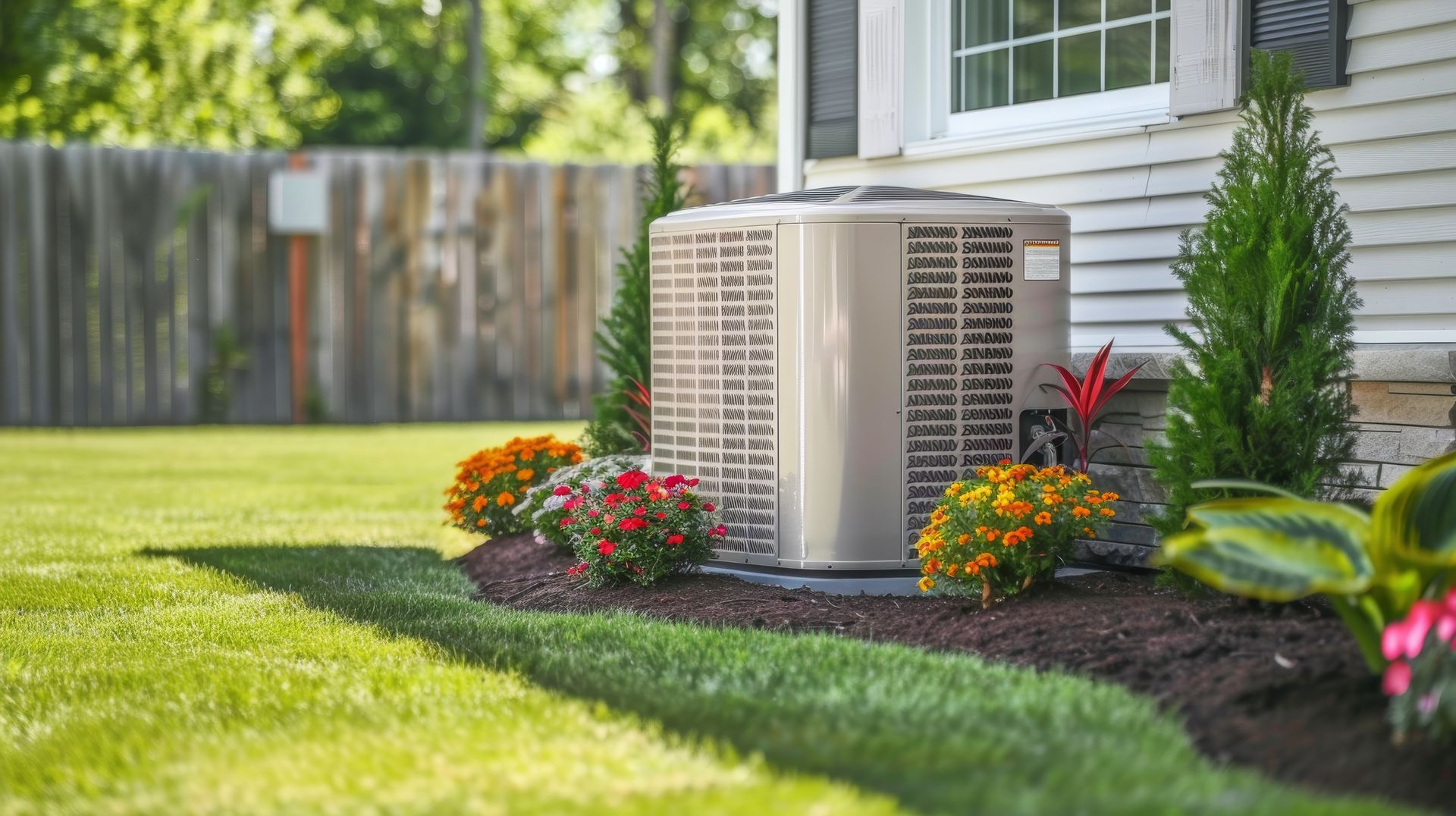 Air conditioning unit next to a house with landscaping in a yard.