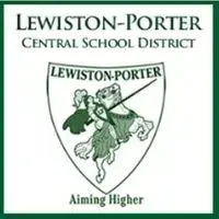 Lewiston-Porter Central School District logo with green shield mascot and motto “Aiming Higher”