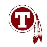 Maroon circle with a white T and two white feathers outlined in red