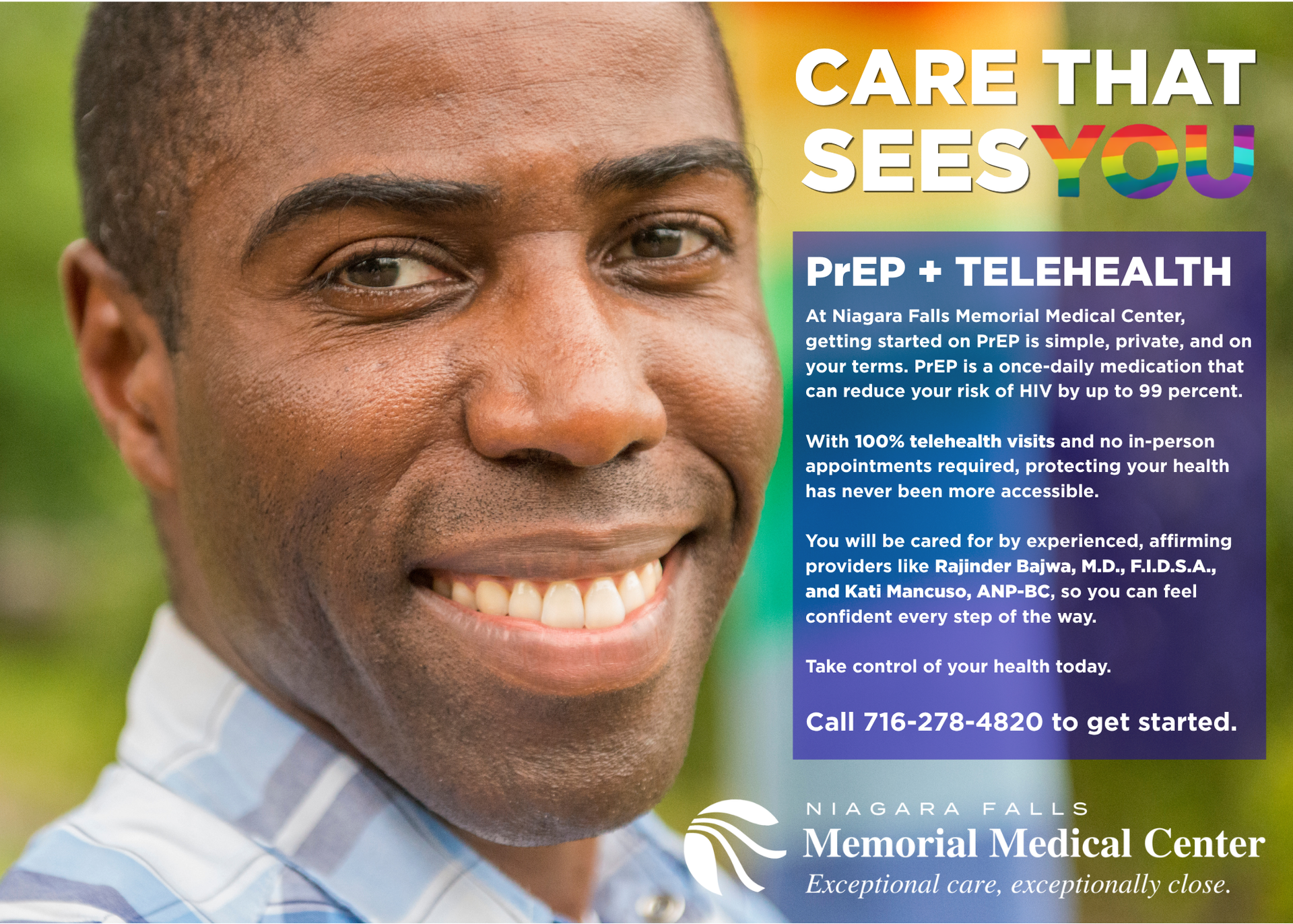 Smiling man beside a flyer for CARE THAT SEES: PrEP + telehealth at Memorial Medical Center