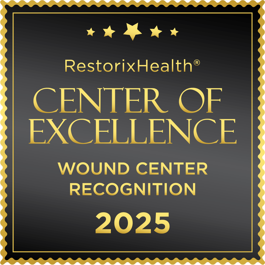 RestorixHealth Center of Excellence Wound Center Recognition 2025 badge on black and gold background