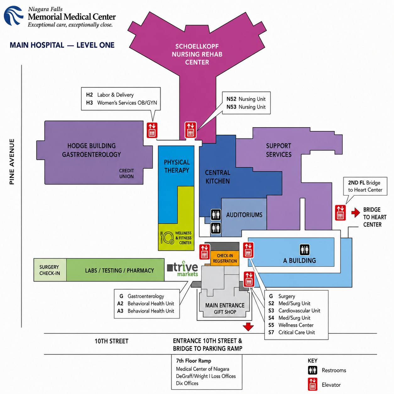 Hospital floor plan map with color-coded departments and emergency entrances, labeled main hospital level one.