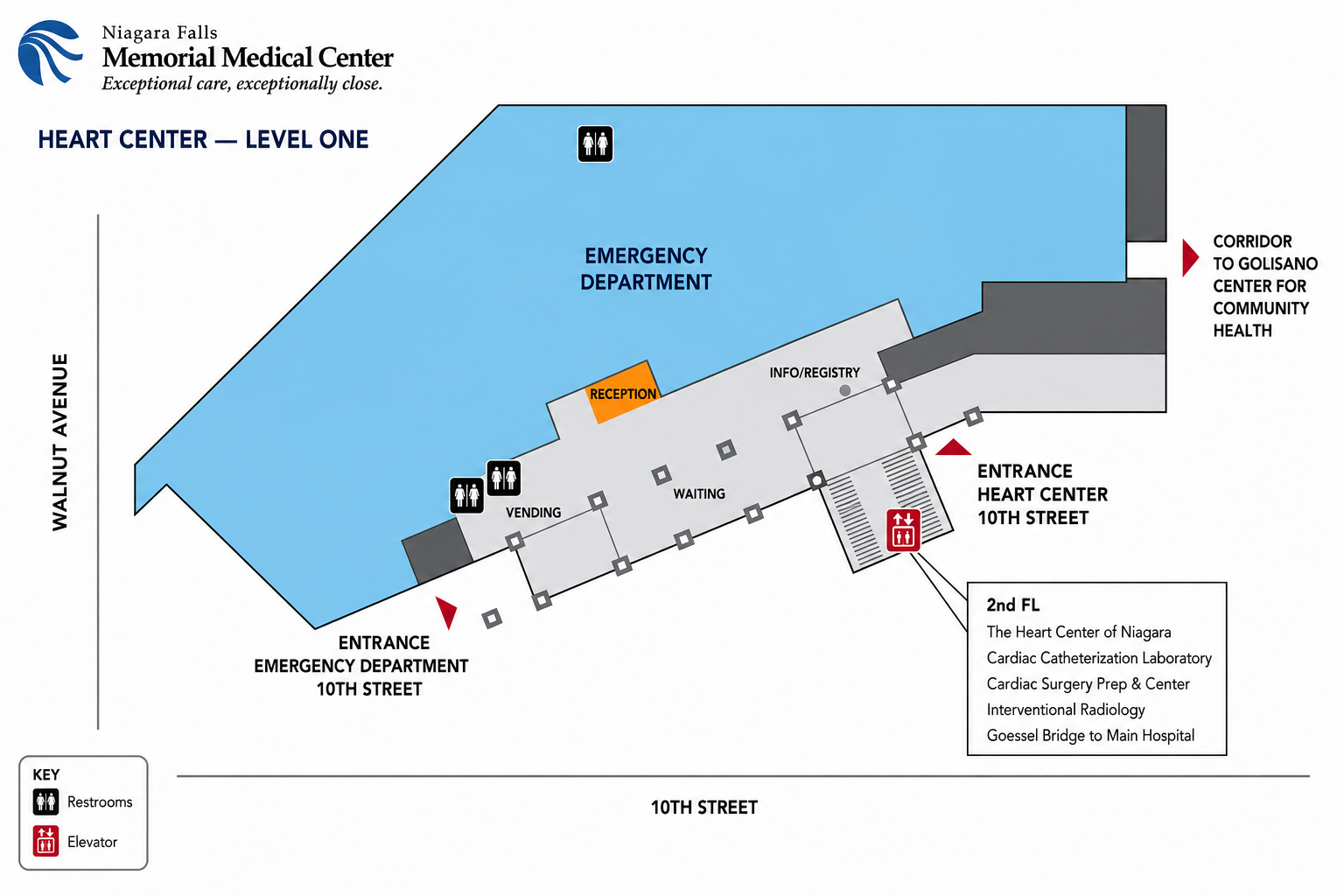 Hospital map showing emergency department, heart center, and main entrance, with parking and campus roads.