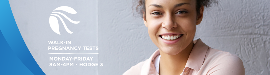 Smiling woman beside a blue healthcare promo banner with a logo and text