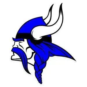 Blue-and-white Viking head logo with horned helmet and braided beard