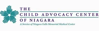 The Child Advocacy Center of Niagara logo with teal hand icon and purple text on white background