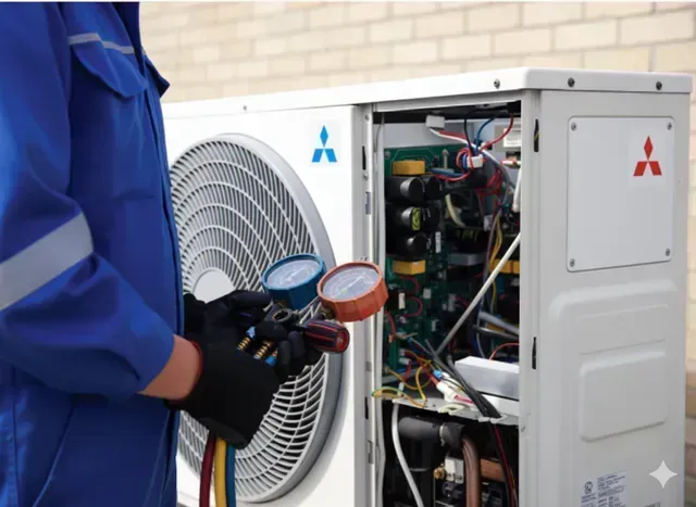 HVAC technician in blue overalls servicing an outdoor air conditioning unit with gauges, wires visible.
