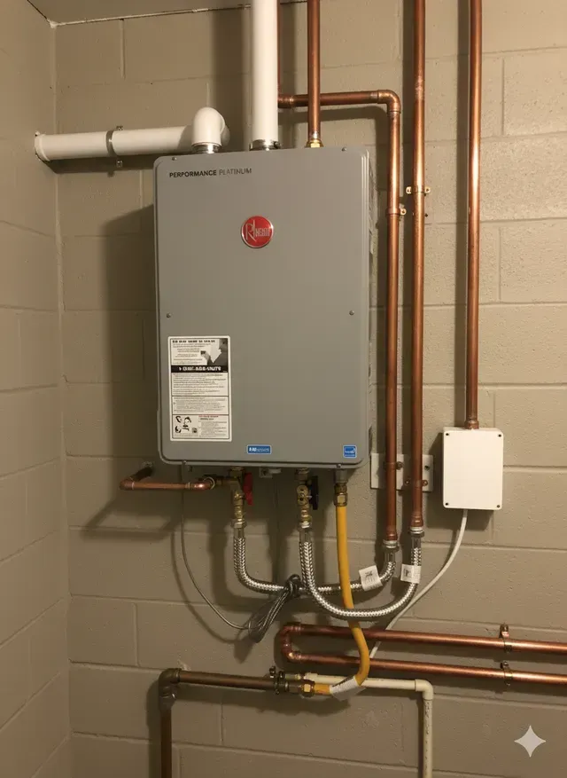 Rheem tankless water heater on a concrete block wall with copper pipes.