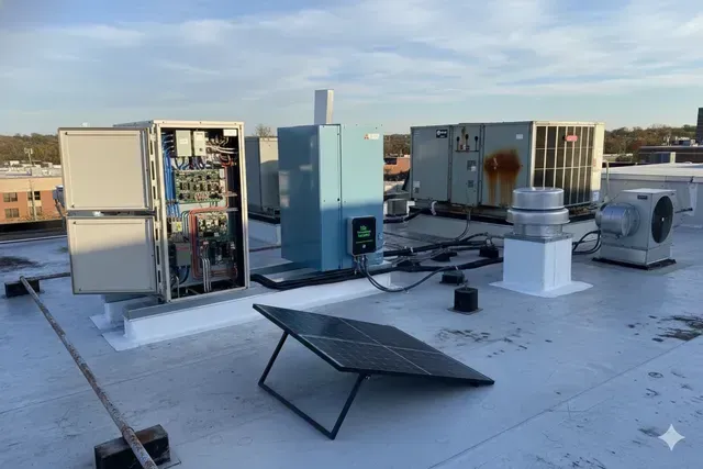 Rooftop scene with electrical equipment and a solar panel on a flat roof, sunny day.