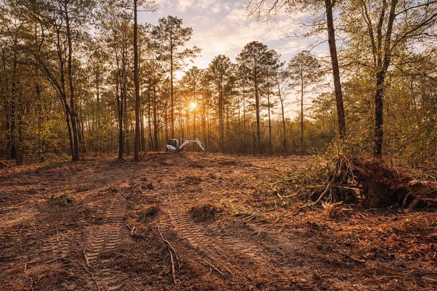 Sunlit forest clearing with tall pine trees and a dirt path at sunset