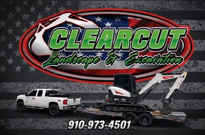 Clearcut Landscape & Excavating logo with white truck and excavator, phone number 910-973-4501