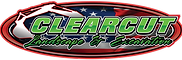ClearCut landscaping logo with green and red text and a small leaf graphic