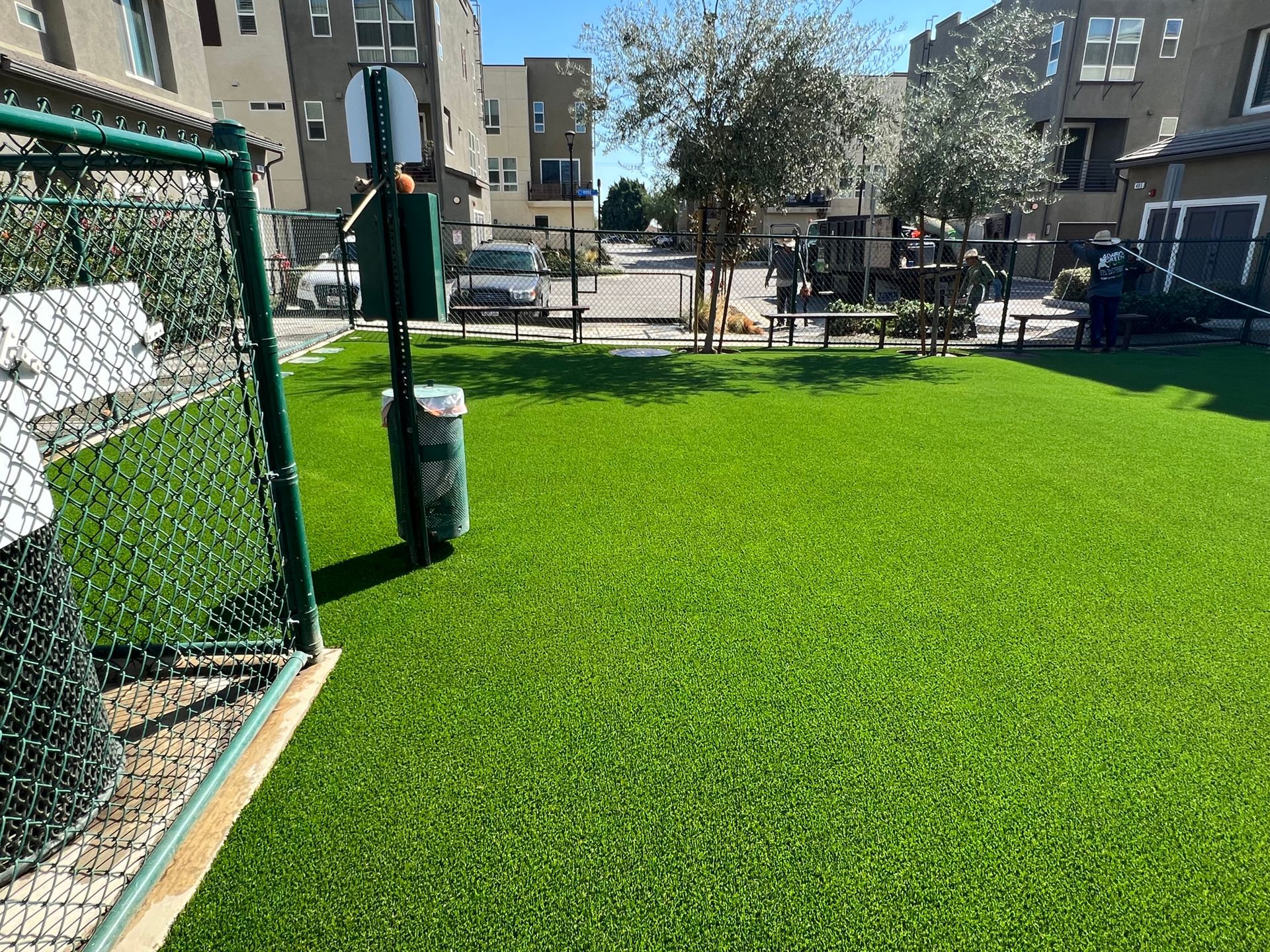 Dog park with artificial pet turf
